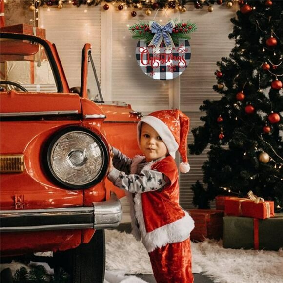 Merry Christmas Wreath for Front Door Buffalo Plaid Christmas Decoration (Black) - Picture 6 of 6